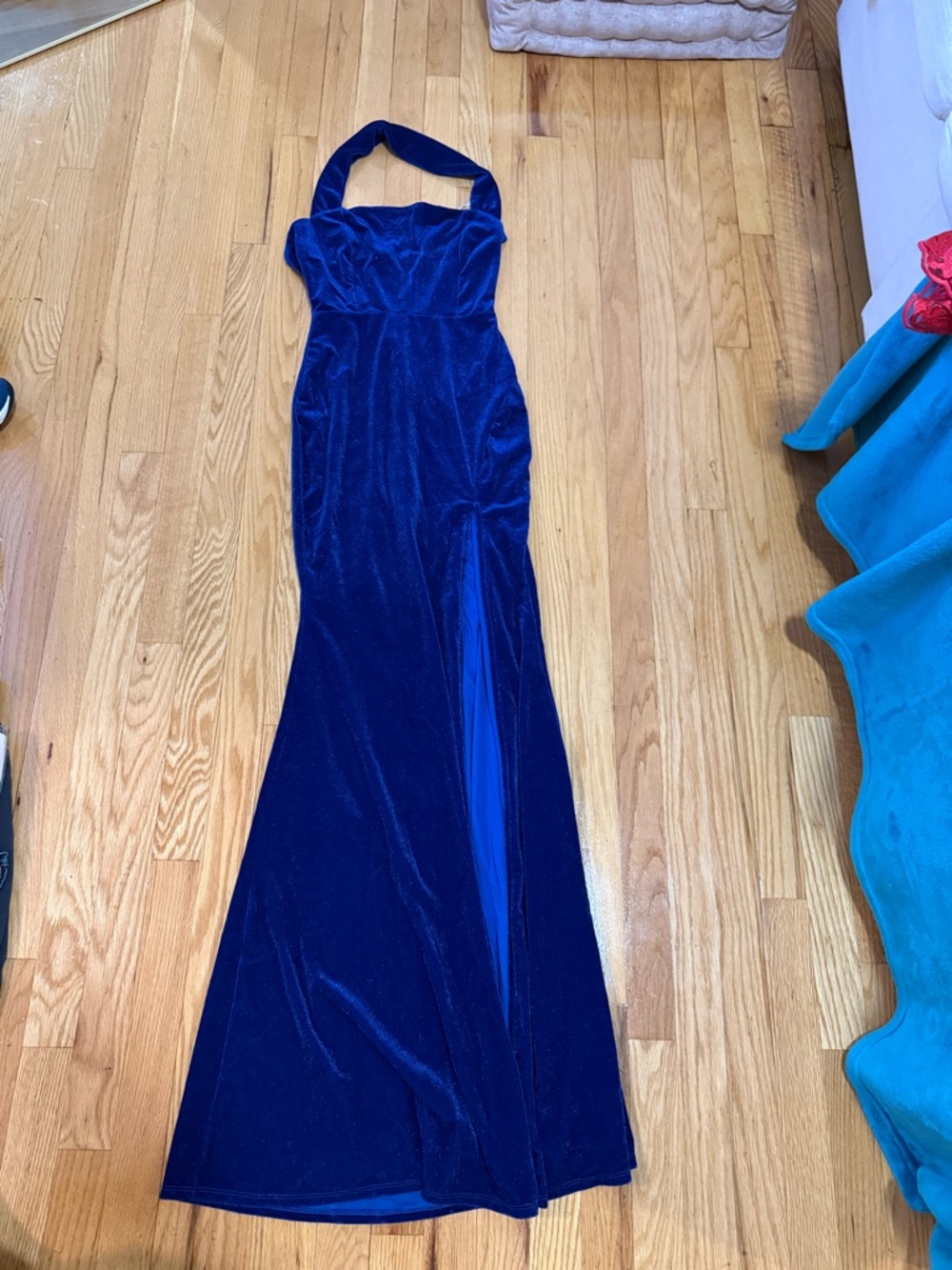 Lulus Royal Blue Velvet Halter Evening Gown w/ Slit
